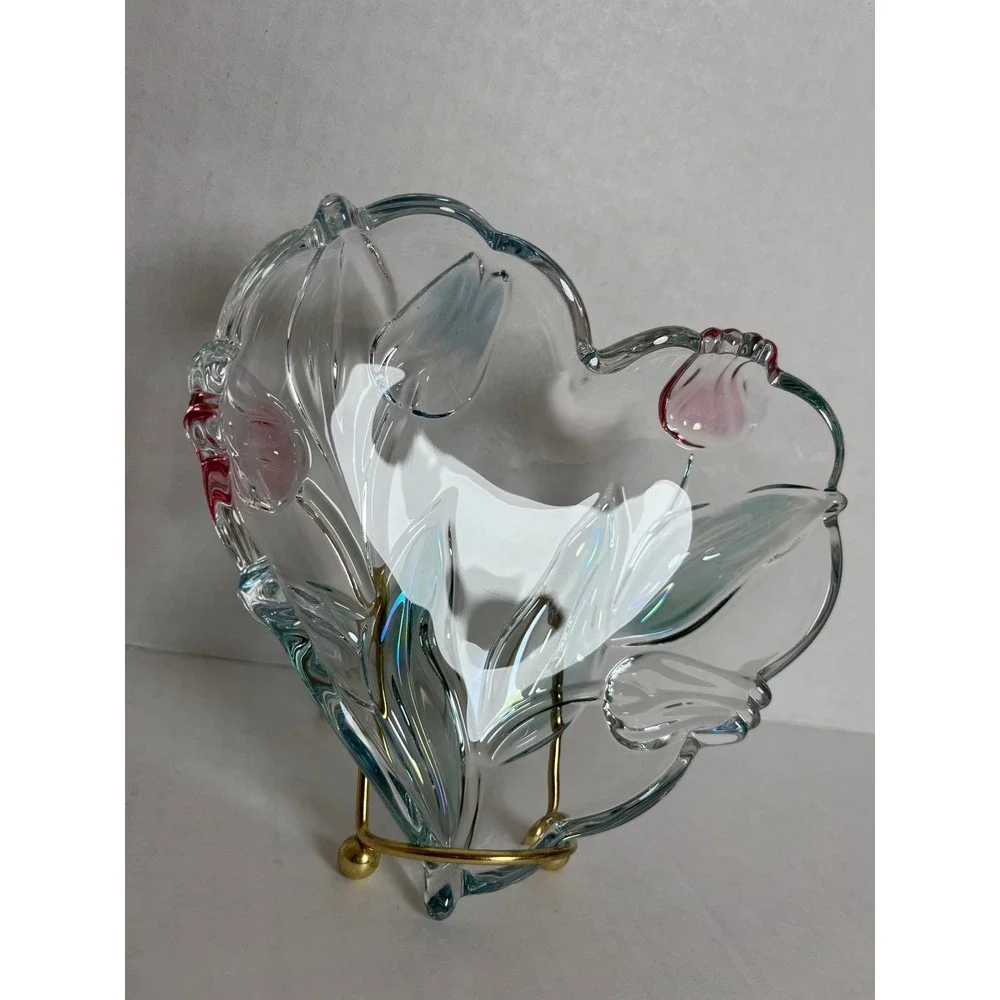 Vintage Mikasa Crystal Heart Bowl Cottagecore Iridescent Embossed Tulip Glass